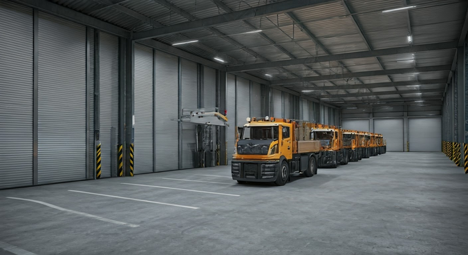 alt_text: Funkcjonalny warsztat garażowy z narzędziami ogrodowymi, uporządkowany i dobrze oświetlony.