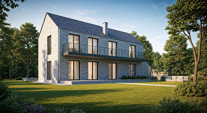 alt_text: Nowoczesny dom bez pozwolenia w zieleni, ludzie pracujący nad budową, spokojne otoczenie.